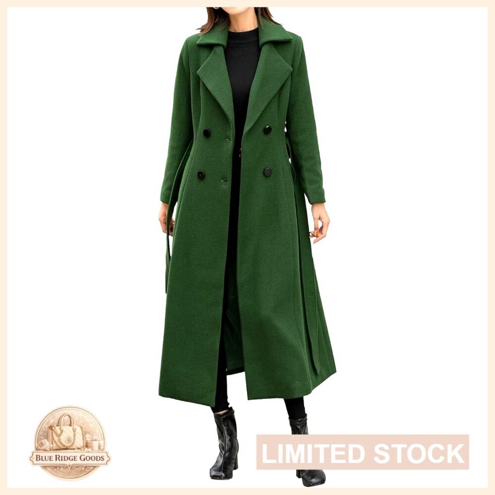 Long Wool Trench Coat Classic Double Breasted Peacoat Dressy Winter Jacket